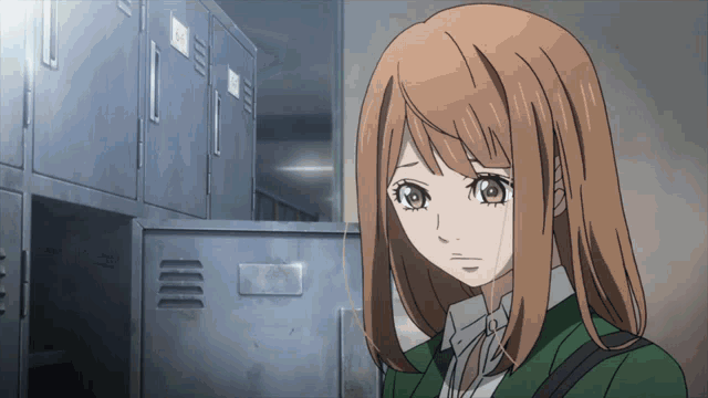a girl with long brown hair is standing in front of a row of lockers
