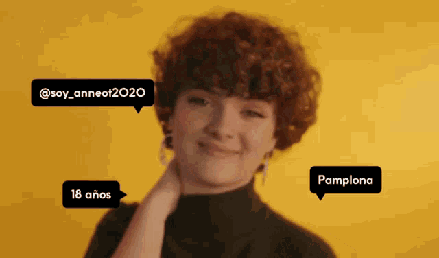 a woman with red curly hair has a speech bubble that says pamplona on it