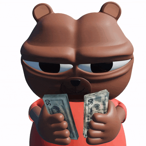 a brown teddy bear holding a stack of 50 dollar bills