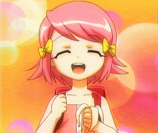 a girl with pink hair is holding a banana in her hand
