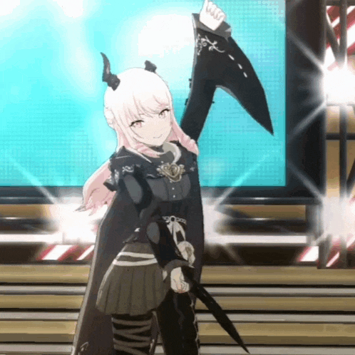 a girl with horns is holding a large axe in her hand