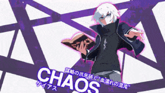 a cartoon character holding a book with the word chaos below him