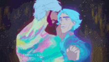 a cartoon of two men standing next to each other in a dark room .