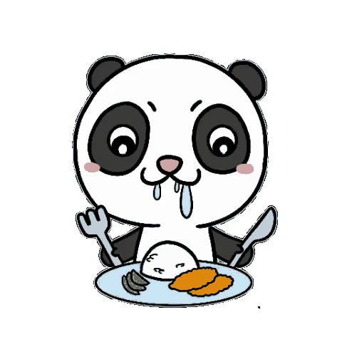 a panda bear is sitting at a table eating food with a fork and knife .