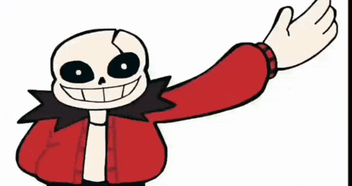a cartoon drawing of a skeleton wearing a red jacket and waving his hand .