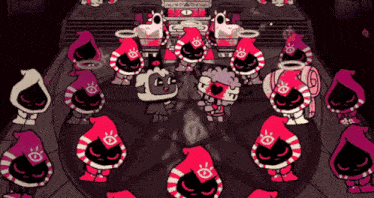 a group of cartoon characters are gathered around a table and one of them has an eye on their head