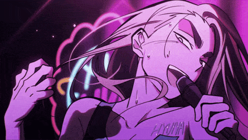 a cartoon drawing of a woman singing into a microphone with a tattoo on her chest that says hyoma