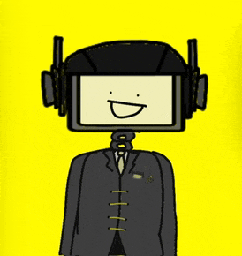 a cartoon drawing of a man in a suit and tie with a smiley face on his head