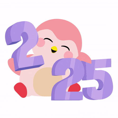 a pink penguin holding a purple number 2 and a purple number 25