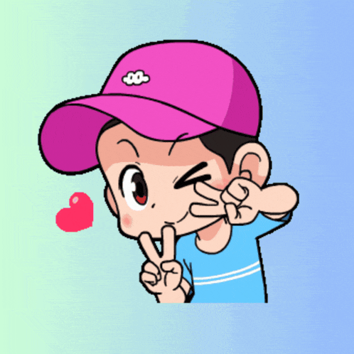 a cartoon of a boy wearing a pink hat giving the peace sign
