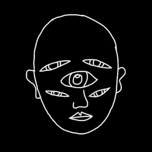 a black and white drawing of a person 's face with a lot of eyes on it .