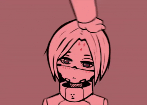 a drawing of a girl with a mask on her face and a hand holding her head .