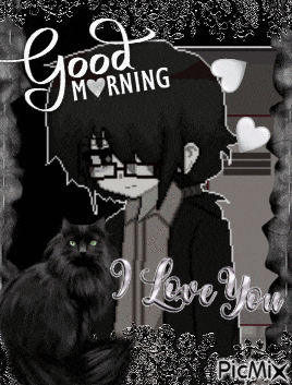a picture of a boy and a cat that says good morning