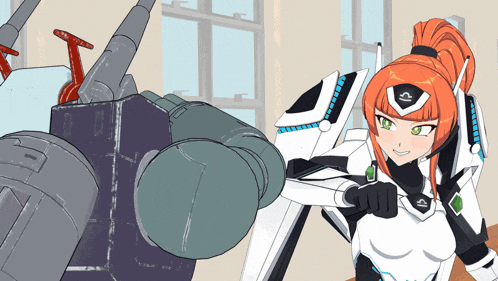 a cartoon drawing of a girl standing next to a robot with a zodiac sign on her chest