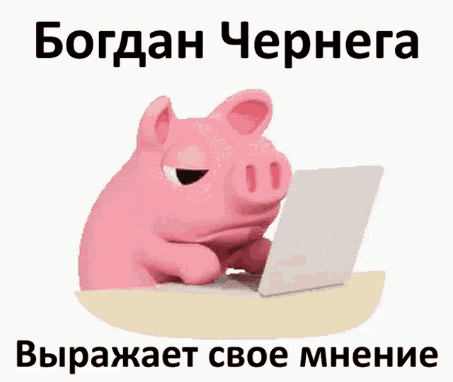 a pink pig is sitting at a table with a laptop and the words bogdan chernega
