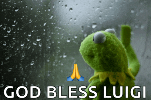 a kermit the frog is praying in front of a window with the words god bless luigi above him