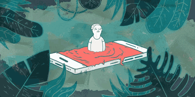 a drawing of a person floating on top of a cell phone surrounded by leaves