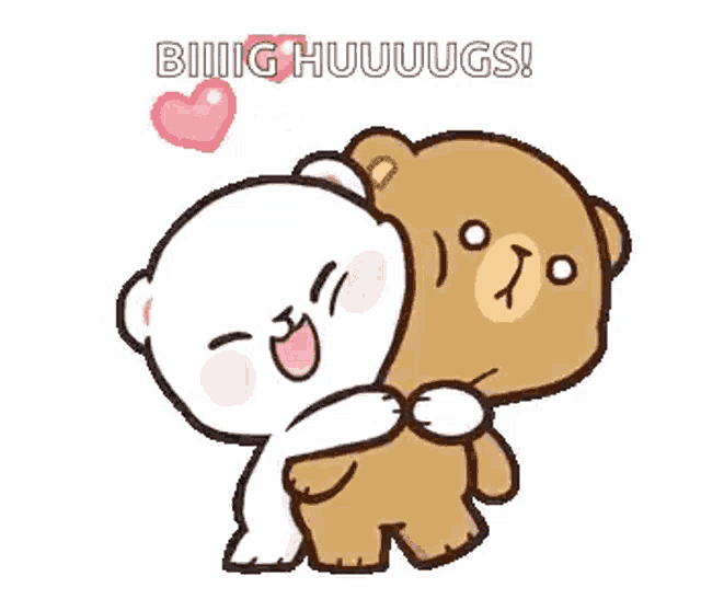 a couple of teddy bears hugging each other with a heart above them .