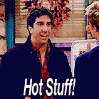 a man talking to another man with the words hot stuff on the bottom right