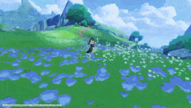 a video game character is standing in a field of flowers .