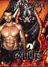 a shirtless man stands in front of a wolf with the word ollie on the bottom right