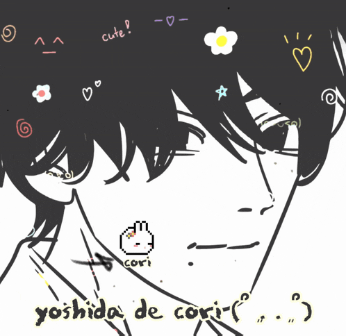 a black and white drawing of a girl with the words yoshida de cori