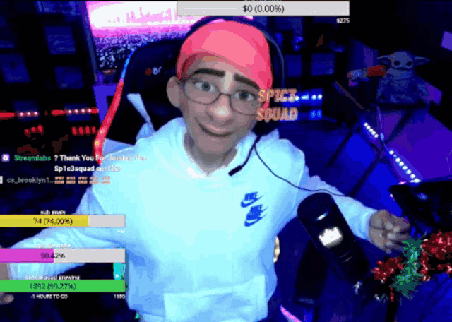 a man wearing a pink hat and glasses is playing a video game and says spice squad on the screen