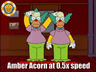 a cartoon of two clowns standing next to each other with the words amber acorn at 0.5x speed below them