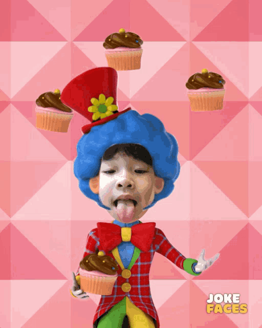 a clown with cupcakes on his head and the words joke faces on the bottom