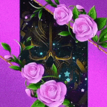 a skull surrounded by pink roses on a purple background