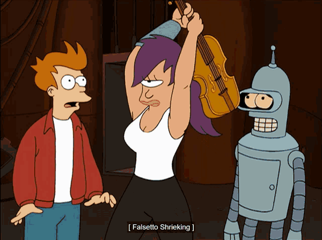 a cartoon of a woman holding a violin with the caption falsetto shreeking