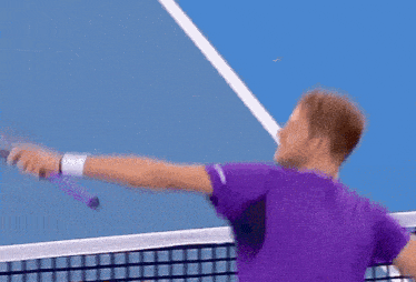a man in a purple shirt is playing tennis on a court