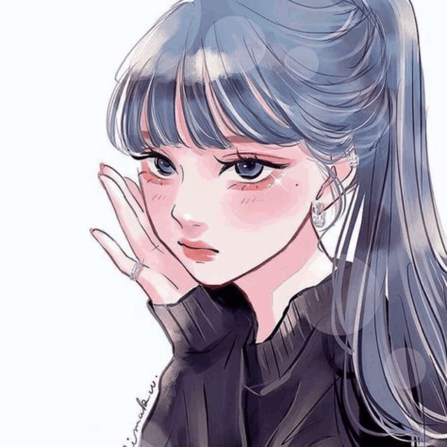 a drawing of a girl with blue hair and a ponytail .