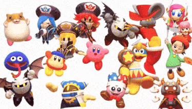 a group of kirby characters are standing next to each other on a white surface