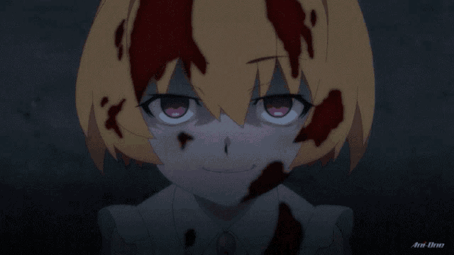 a girl with blood on her face is holding a gun in her hand