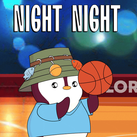 a cartoon of a penguin holding a basketball with the words night night behind him