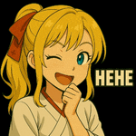 a cartoon girl with blonde hair and blue eyes is smiling and says " hene " on the bottom