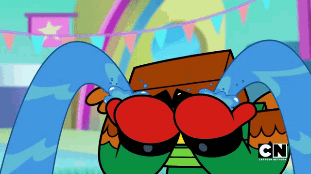 a cartoon character is crying with the cn logo in the corner