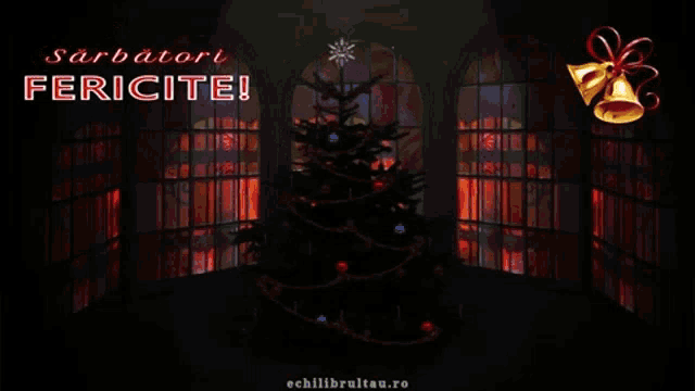 a christmas tree in front of a stained glass window with the words fericite on the bottom