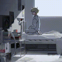 a cartoon of a boy sitting on a bed in a room with a window .