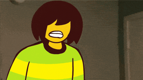 a green and yellow cartoon character with a red heart