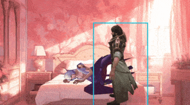 a man is standing next to a woman on a bed