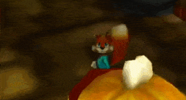 a cartoon squirrel is sitting on top of a yellow object in a video game .