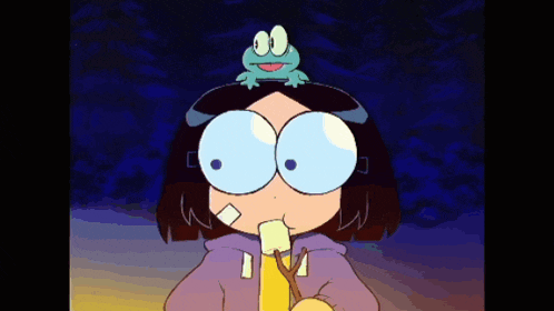 a cartoon girl with a frog on her head eating a banana