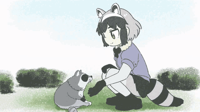 a cartoon drawing of a raccoon petting a dog