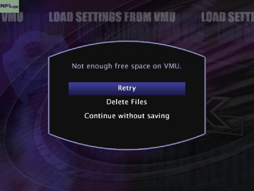 a screen shows that there is not enough space on vmu