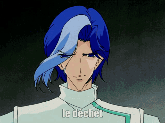 a cartoon character with blue hair and the word le dechet on the bottom right