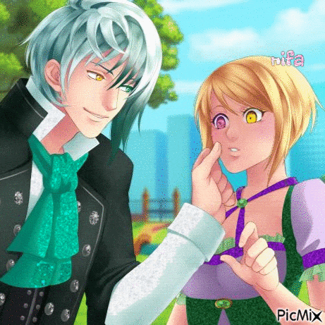 a man and a woman are standing next to each other in a park and the man is touching the woman 's face .