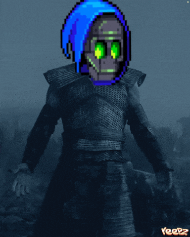 a pixel art of a skeleton with blue hair and green eyes by yeez
