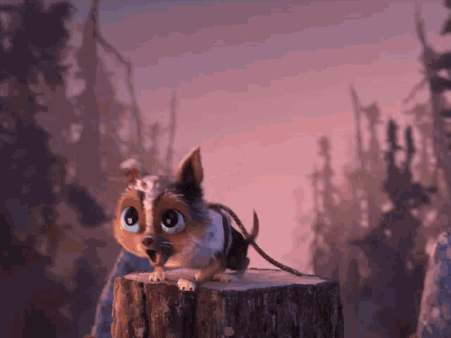 a cartoon dog is sitting on a tree stump with a rope around its neck